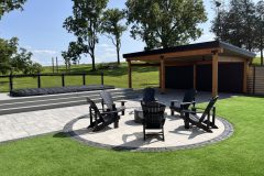 Interlocking patio, fire-feature, covered outdoor structure, covered pergola, composite deck, swim-spa incorporation, fencing, turf