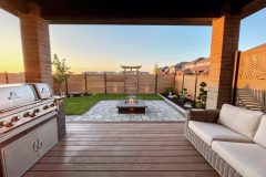 Interlocking patio, outdoor lighting, fire-feature, garden-box, custom fence, custom torii gate, composite deck, outdoor kitchen,  privacy wall